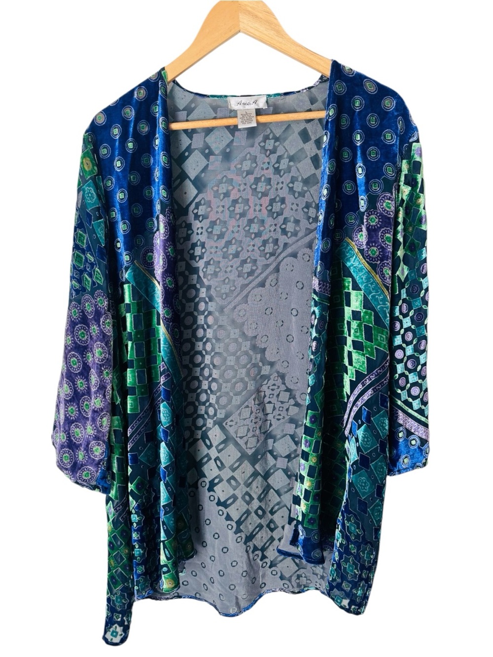ANIA A Velvet Burnout Kimono Sheer Accents Floral Mosaic Design 3/4 Sleeves Silk